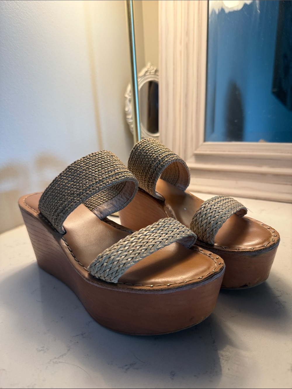 Woven Strap Taupe Platform Wedge Sandals - Women's